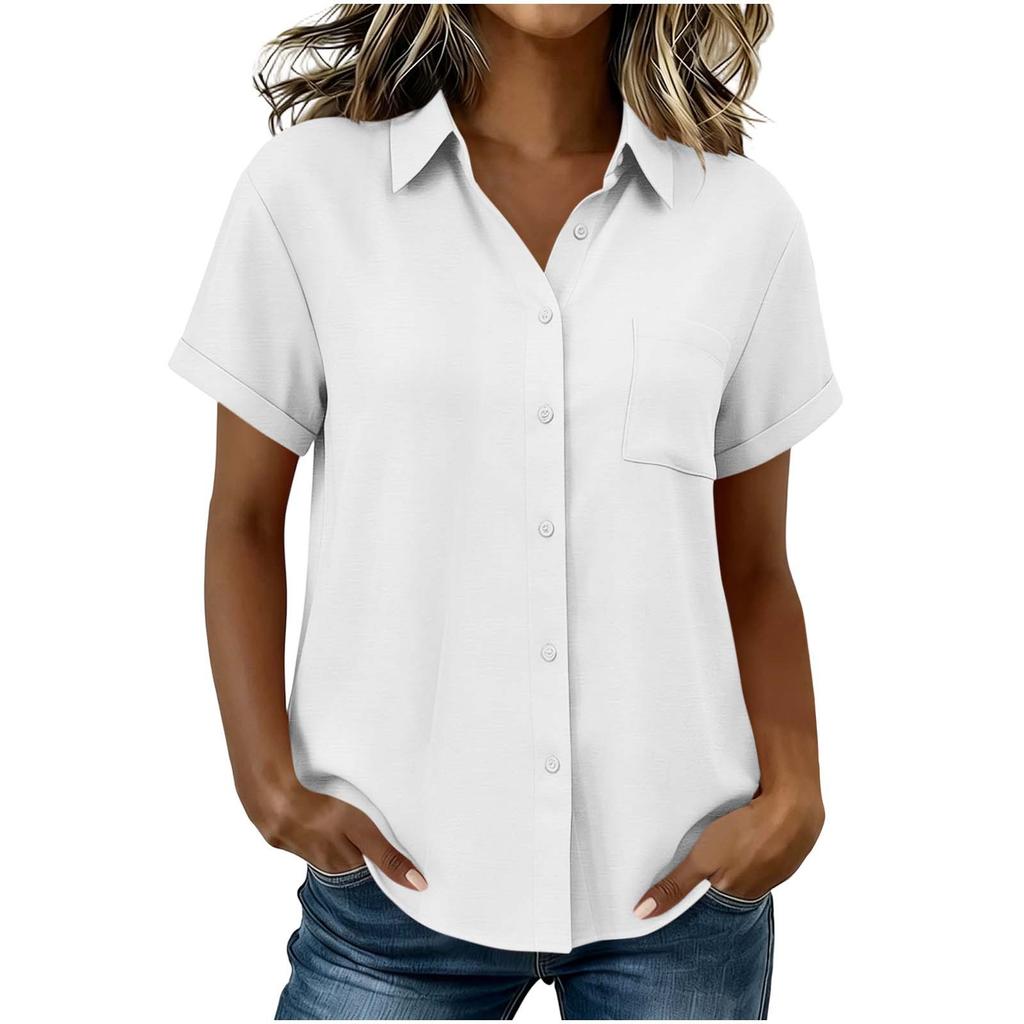 Women's Casual Short Sleeve Button Down Shirt Relaxed Fit Lightweight Blouse with Collar and Front Pocket for Everyday Wear