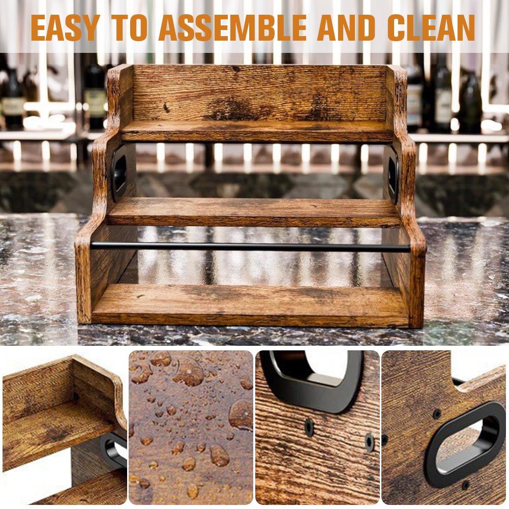 Wooden Liquor Bottle Display Shelf 3Step Coffee Syrup Rack Organizer Large Capacity Coffee Station Organizer for Whiskey Spirits
