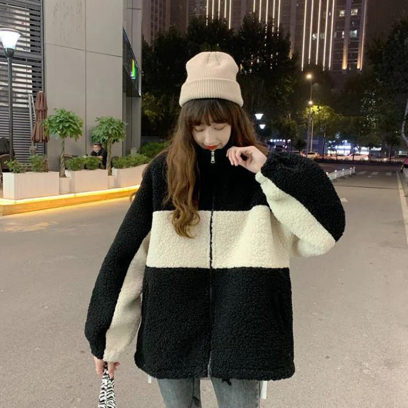 Autumn Winter Fashion Long Sleeve Stand Collar Trench Color Blocking Women's Clothing Korean Zipper Warm All-match Trend Tops