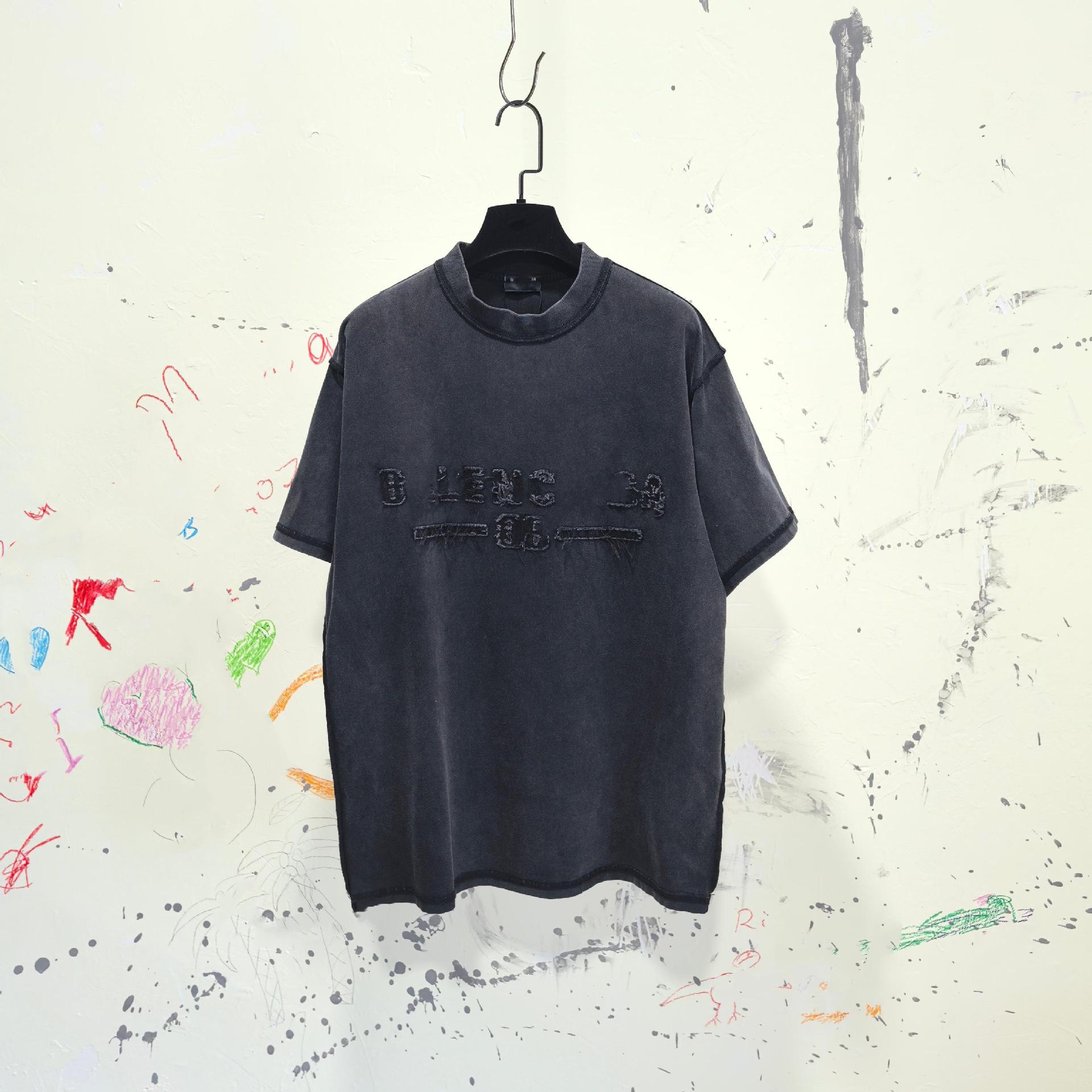 

2025 Унисекс Футболка Винтажной Стирки с Вышивкой Букв от Paris B Size 3 чёрный