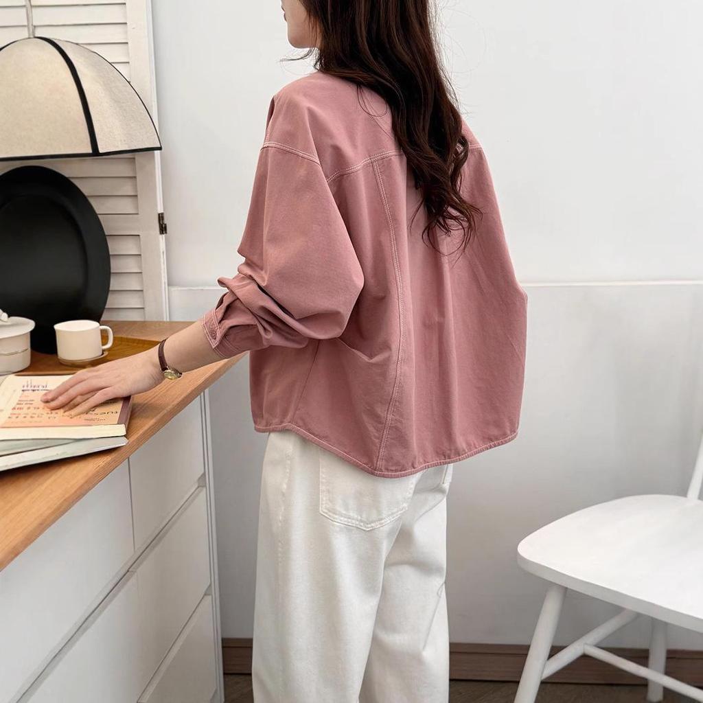 Frühling 2025 Einfarbig Sichtnaht Lässig Retro Revers Locker Geschnitten Petite Hemd