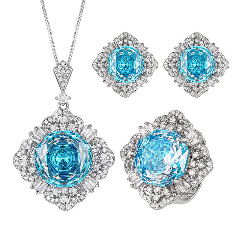 Jewelry Copper Bottom Gold-Plated Simulation Millennium Sea Blue Temperament Set Main Stone 16-10Mm