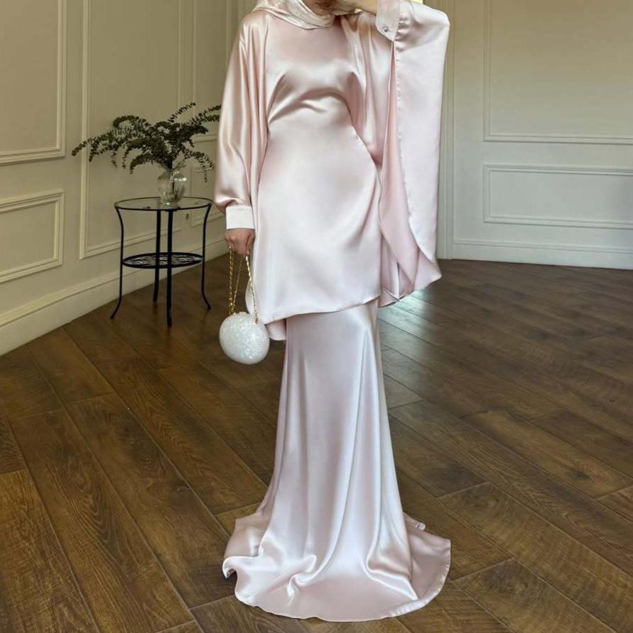 Cross-border European beautiful woman boat collar satin temperament belt waist long sleeve long top casual skirt set XS розовый