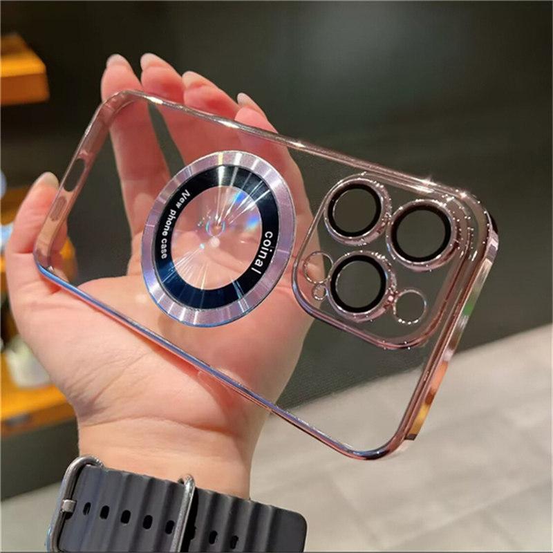 

Прозрачный чехол с отверстием для логотипа для iPhone 14 Plus 13 12 11 Pro Max для Magsafe, магнитный чехол для беспроводной зарядки iPhone 12 Pro Max розовый