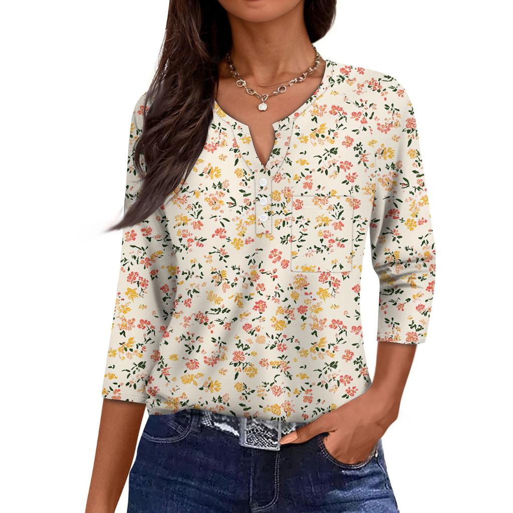 Ladies Casual Fashion V-neck Loose Versatile Floral Print Three-quarter Sleeves