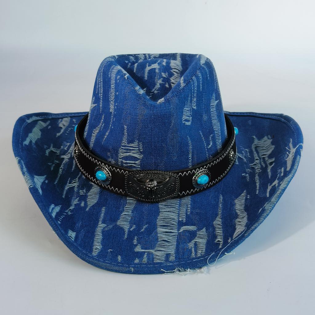 Vintage Denim Cowboy Hat For Men Women Cowgirl Hat Belt Hand-Torn Tassels Jazz Cowboy Hatfedora Hat Cloche Church Sombrero