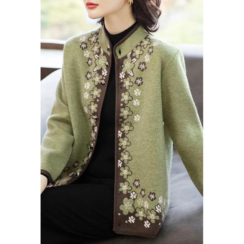 

Нове осіннє пальто для матері середнього віку Модний іноземний стиль Короткий топ Жіночий светр Кардиган 4XL зелений