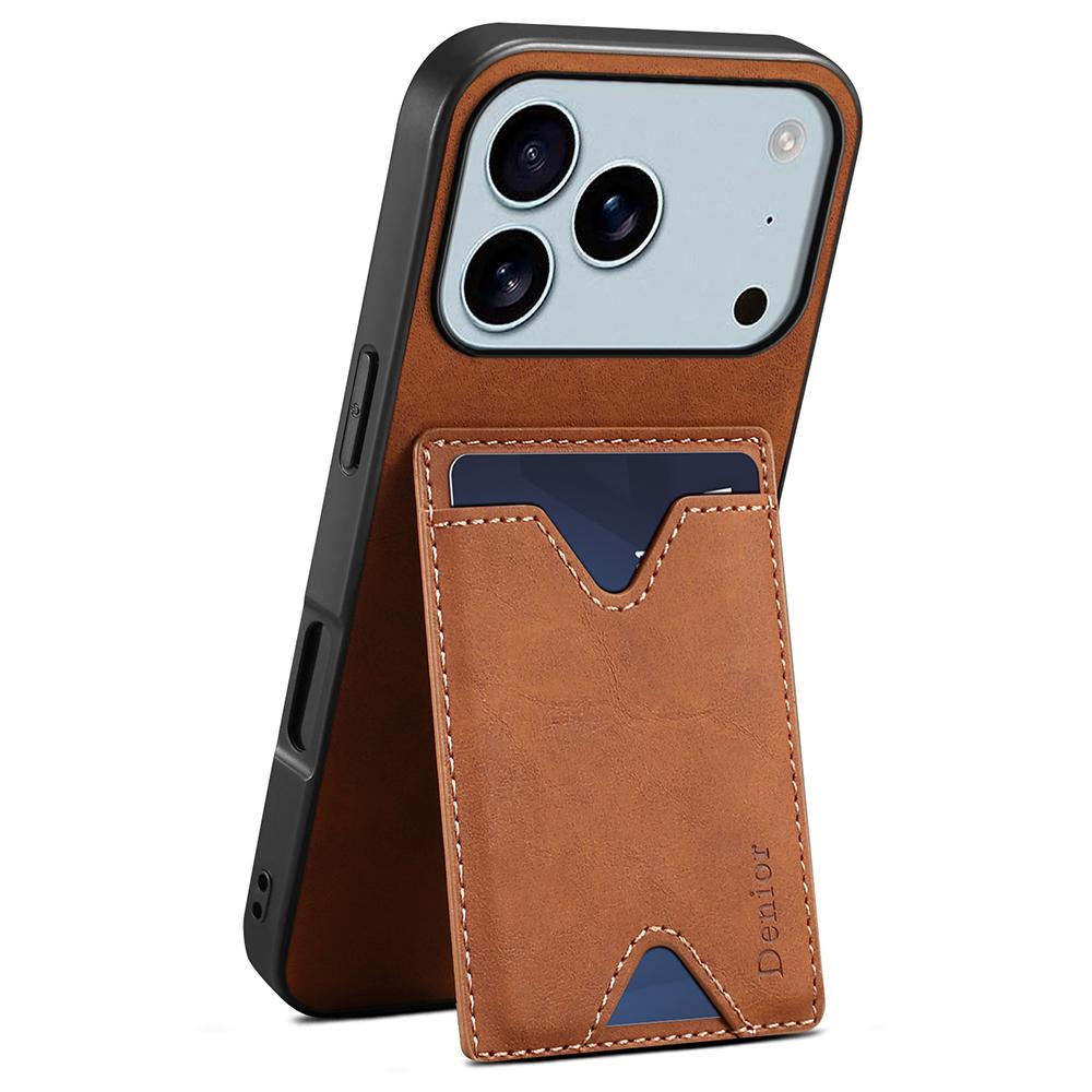 DENIOR For iPhone 17 Pro Case Card Holder Kickstand Leather+PC+TPU Phone Cover