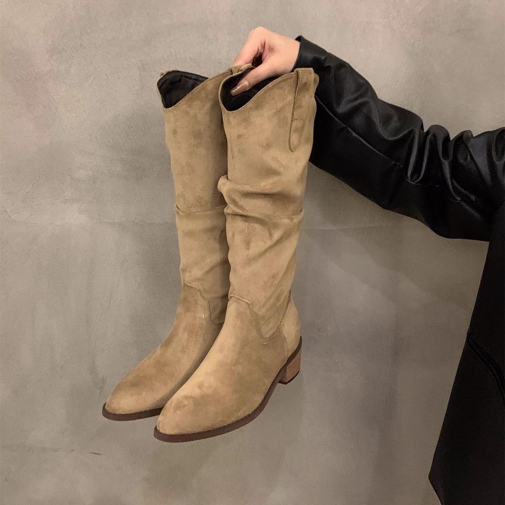 Boots Women's 2025 New Autumn Brown Boots Maillard Pointed Thick Heel Knee Boots