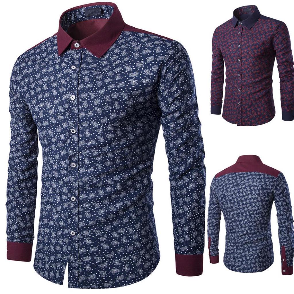 Mens Long Sleeve Shirt Fashion Business Slim Fit Print Blouse Top Casual Shirts