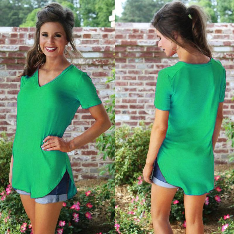 Women's Loose T-Shirt, V-Neck, Plus Size, Split Short Sleeve, Curved Hem