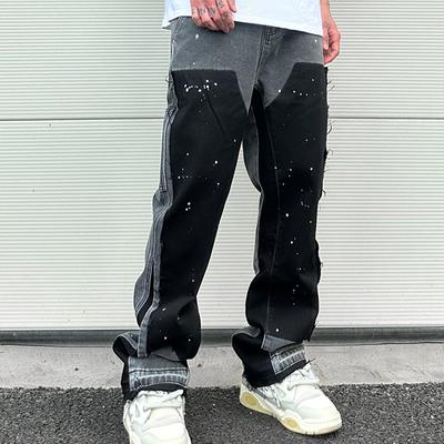 Herren Street Jeans Trend Kleidung Spot Ink Color Baggy Jeans Patchwork Fransen Jeans Loose Horn