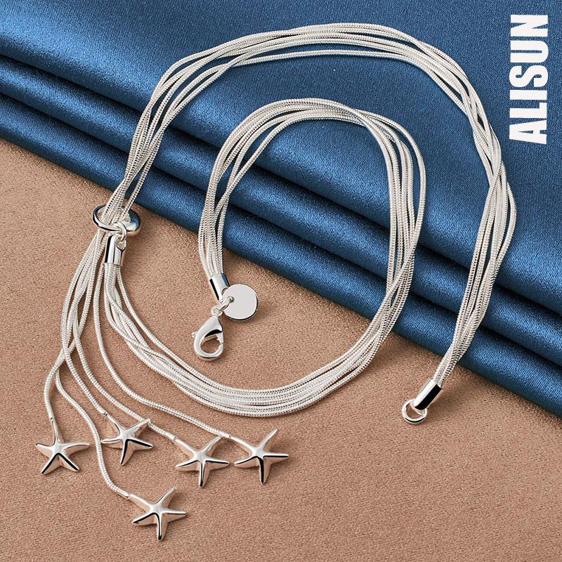 925 Sterling Silver Five Snake Chain Starfish Necklace Fashionable Wedding Jewelry