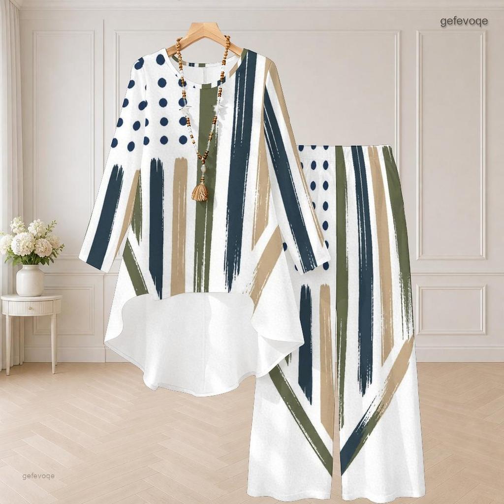 Women Plus Size Red Blue White Star Printed Round Neck Long Sleeve High Low Top Wide Leg Pants Two Piece Set