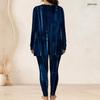 Women Plus Size Dark Blue Printed Two Piece Set Round Neck Long Sleeve Longline Top Fitted Pants