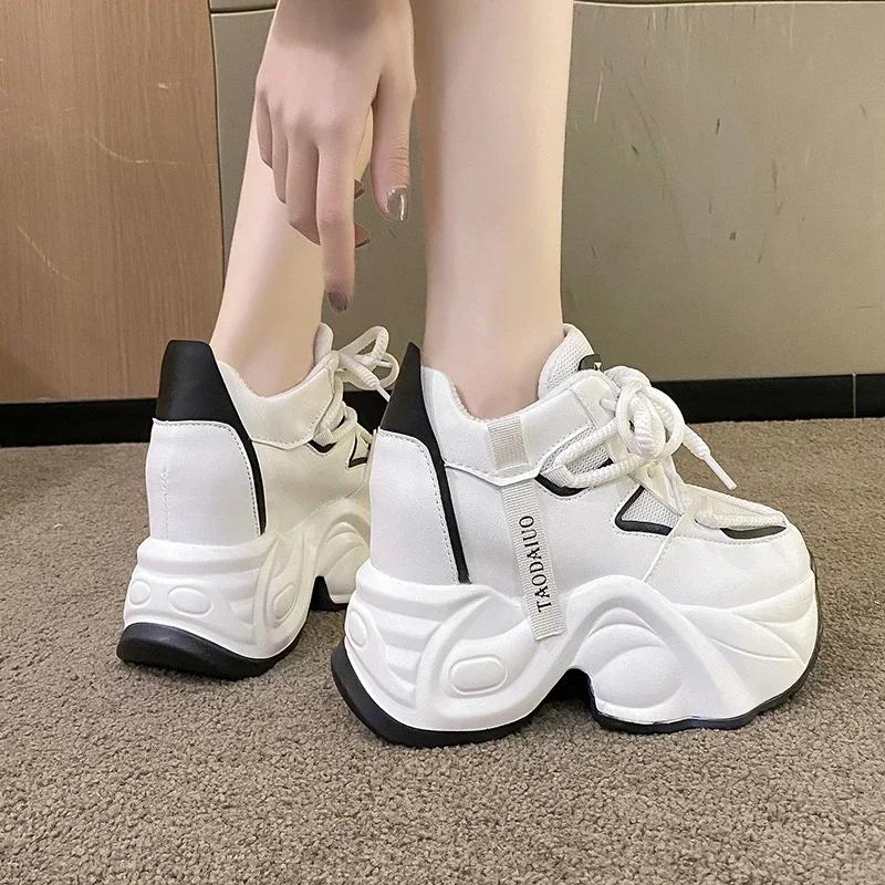 Fashion 11CM Women Autumn Leather Chunky Sneakers Winter High Platform Warm Fur Casual Shoes Wedge Heels Sports Plush Snow Shoes Woman