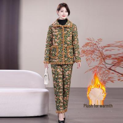 2025 Warm Windproof Fleece-Lined Cotton Two-Piece Set for Middle-Aged and Elderly Mothers