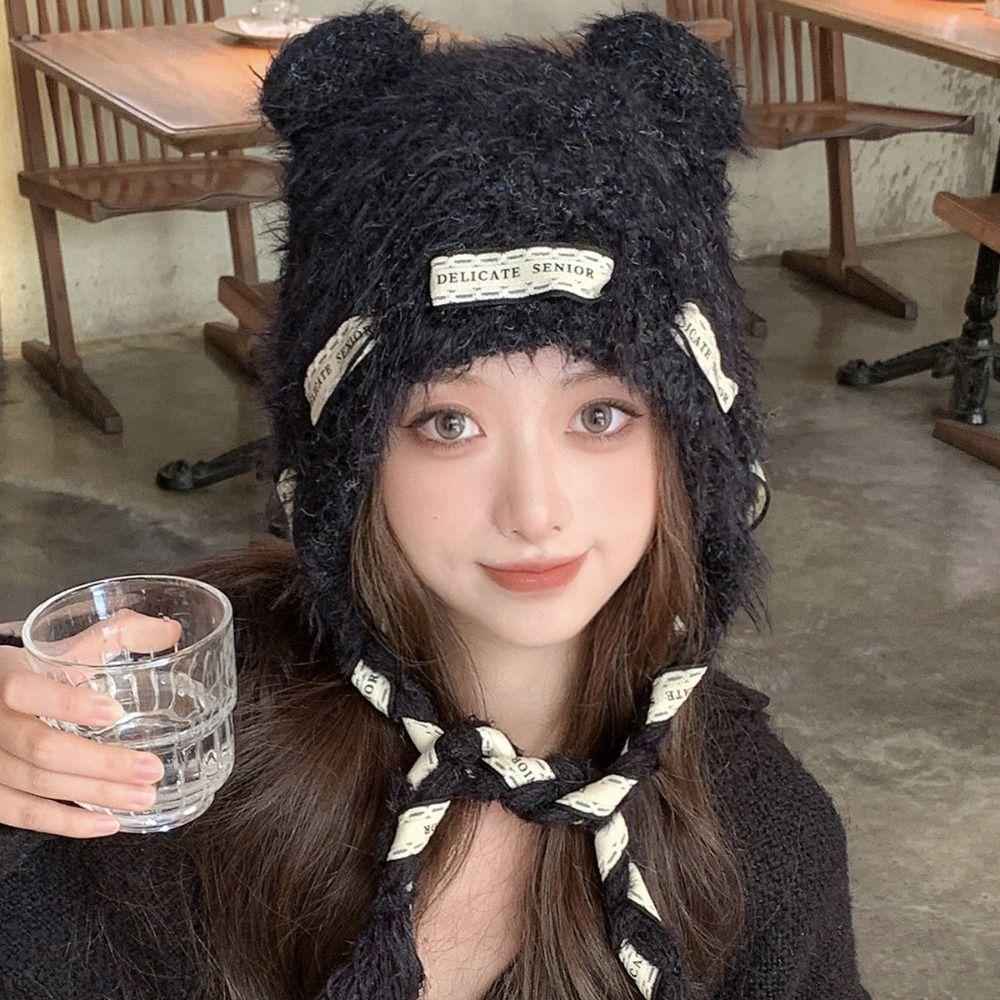 Cold Protection Warm Bear Ear Hat Thicken Knitted Bobble Cap  Women Accessories
