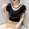 New Chic Summer Elegant Women T-Shirt Clothes Sexy Luxury Shiny Diamonds Tops Short Sleeved Ruffles Mesh Tees Blusas
