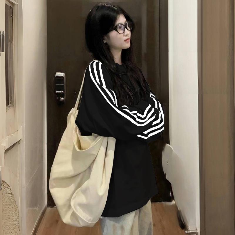 

Retro Chic Women s Striped Long-Sleeve Tee - Casual Spring/Autumn Wear 2XL чёрный