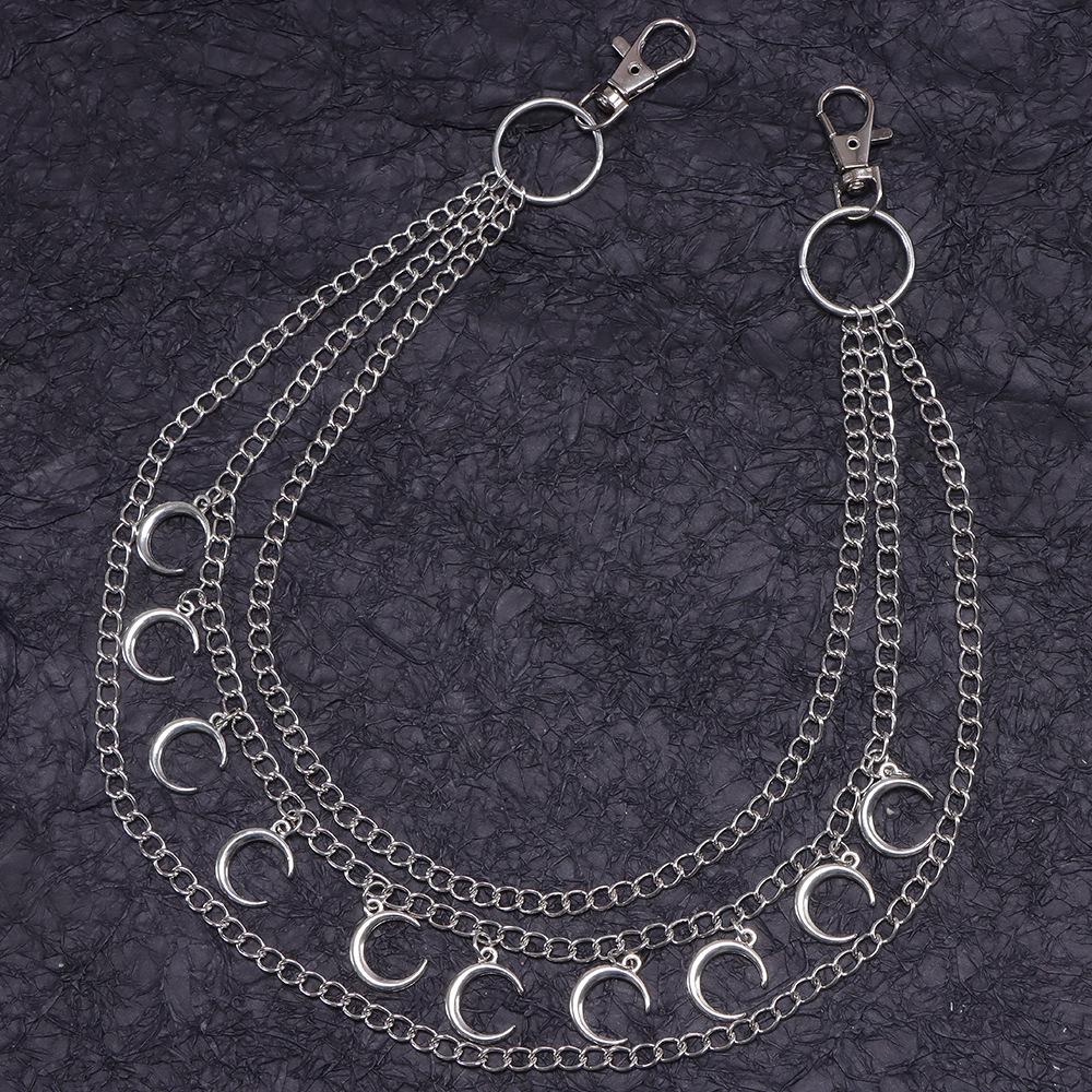 Trendy Cool Double-Layer Metal Waist Chain with Moon Pendant for Jeans - Hip Hop Street Style for Men & Women