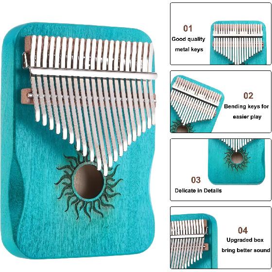 MECCANIXITY 21 Keys Thumb Piano, Blue Mini Portable Finger Piano Maple Wood Sun Pattern with Protective Bag, Tune Hammer, Sheet Music Study