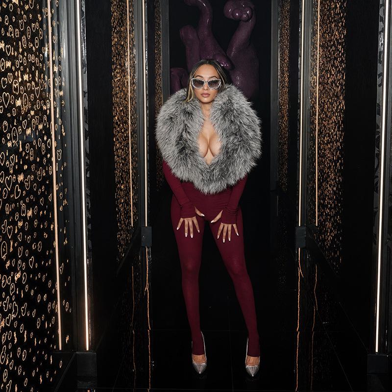 European Fashion Spicy Girl Autumn/Winter 2025 Women's Long Sleeve Fur Bodysuit Tights