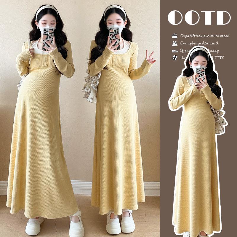 2026 Sweet Korean Style Patchwork Maternity Dress, Plus Size, Early Spring Two-Piece Look M