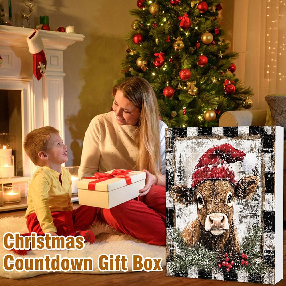 Christmas Advent Calendar 24 Pcs Highland Cow Ornaments 2D Acrylic Cute Animal Christmas Tree Decorations Xmas Countdown Gifts