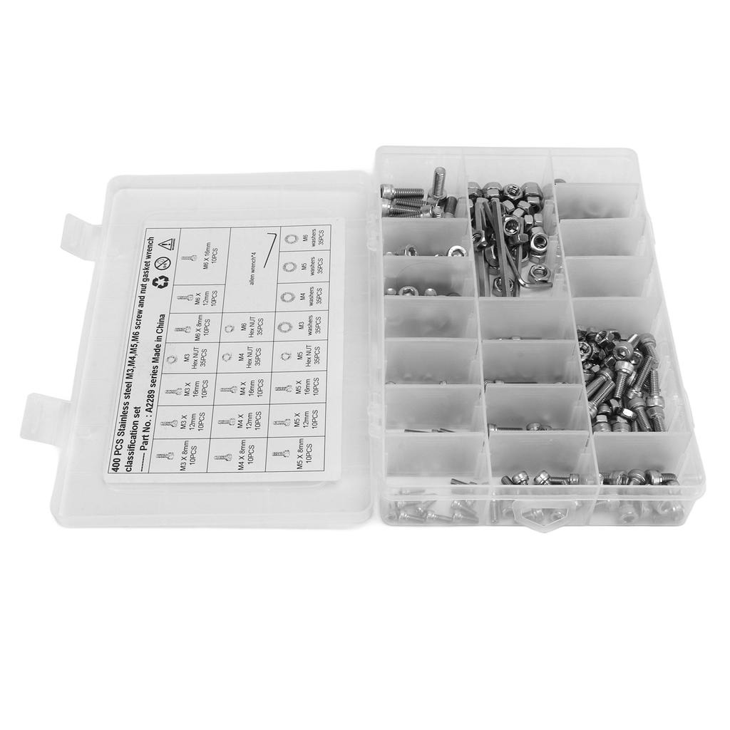 400PCS Hex Socket Screws Nuts Set M3 M4 M5 M6 304 Stainless Steel Assortment Universal for Cars Truc