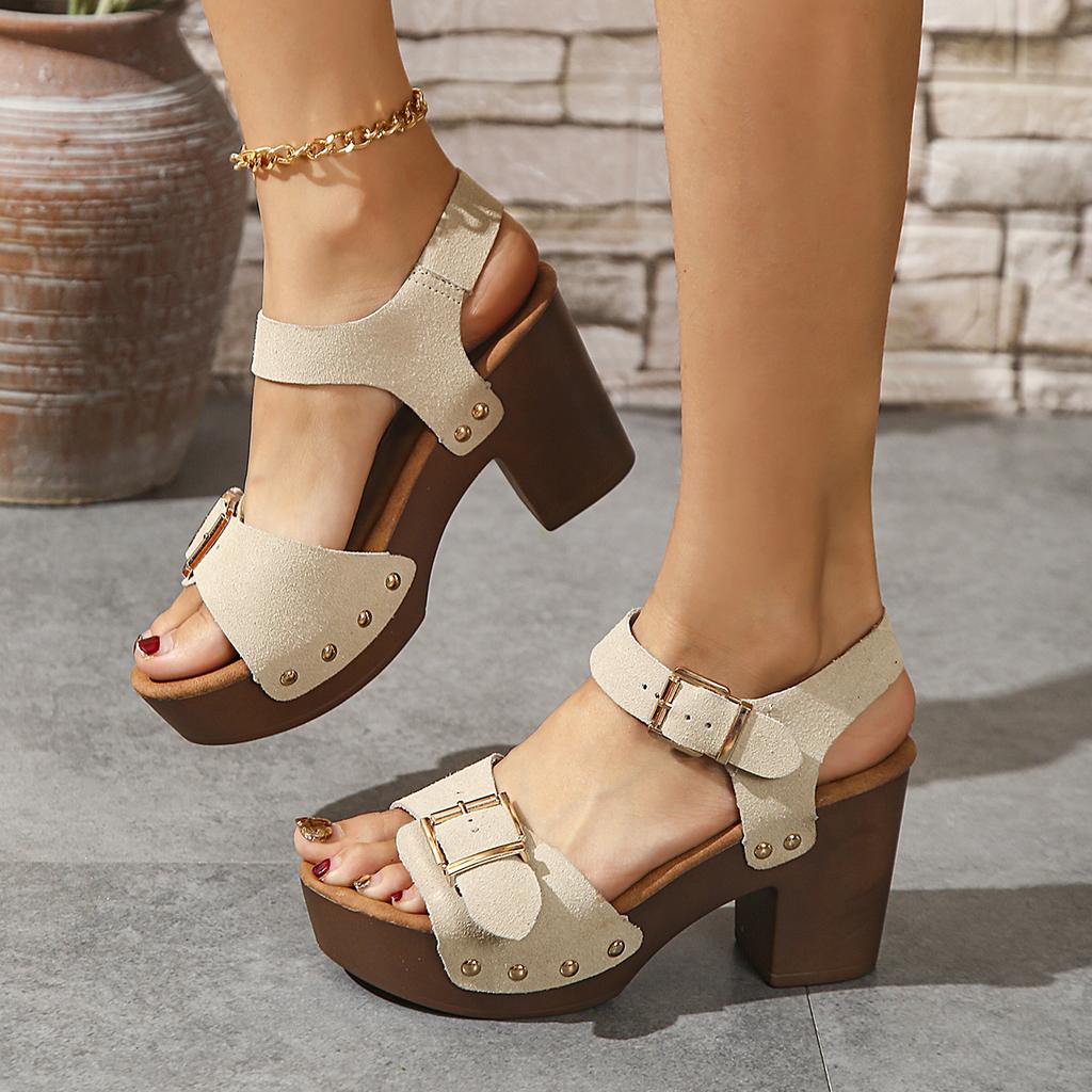 Trend Square Metal Buckle Thick High Heel Sandals Women's Summer New Platform Fashion Sandels Rivet Decor SandalsPlus Size 43