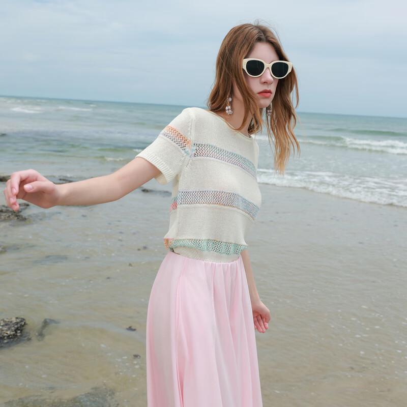 Sancai 2025 Fall Women's Striped Short-Sleeve Knit Sweater