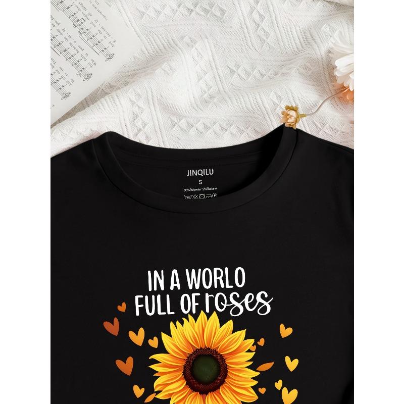 European sizes Women'S Oversized Casual T-Shirt - Vibrant Green Sunflower & Heart Print with "In a World Full of Foses Be a Sunflower" Quote