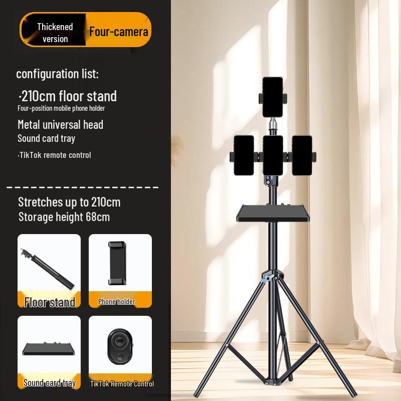 Dual-Position Carbon Steel Phone Stand with Fill Light for Outdoor Streaming