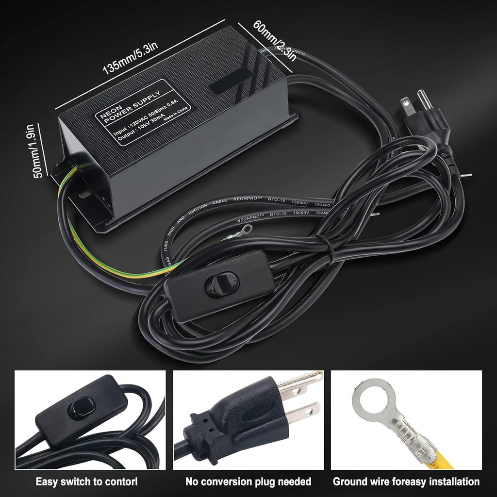 YaeCCC 10KV 30mA Power Supply for Glass Neon Sign Electronic Neon Light Transformer 120V AC 50Hz/60Hz