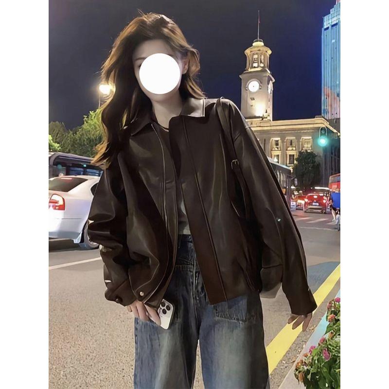 

Большой размер Американский винтаж Лацкан Мотоциклетная одежда Высококачественное пальто из ПУ кожи Женская осенняя новая свободная темпераментная куртка Brown Quality Edition] S