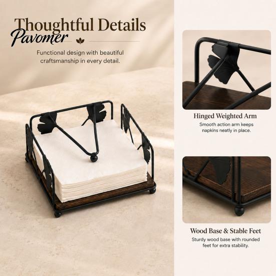 Rustic Napkin Holder Holder, with Anti-Slip Wooden Base And Weighted Arm, Smooth Stable Dispenser Access Square Iron Stand, for Restaurants