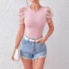 Women Solid Flower Pattern Crew Neck Mesh Petal Puff Short Sleeve Fitted Casual T Shirt