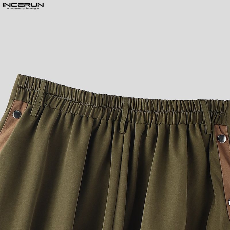 INCERUN Men Elastic Waist Casual Long Drop-crotch Pants Side Rivet Trousers