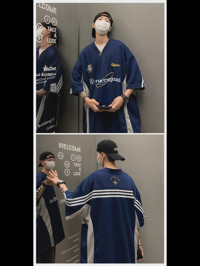 Boys' New Summer V-Neck Embroidered T-Shirt with Five-Point Sleeves – Fashionable and Simple Design