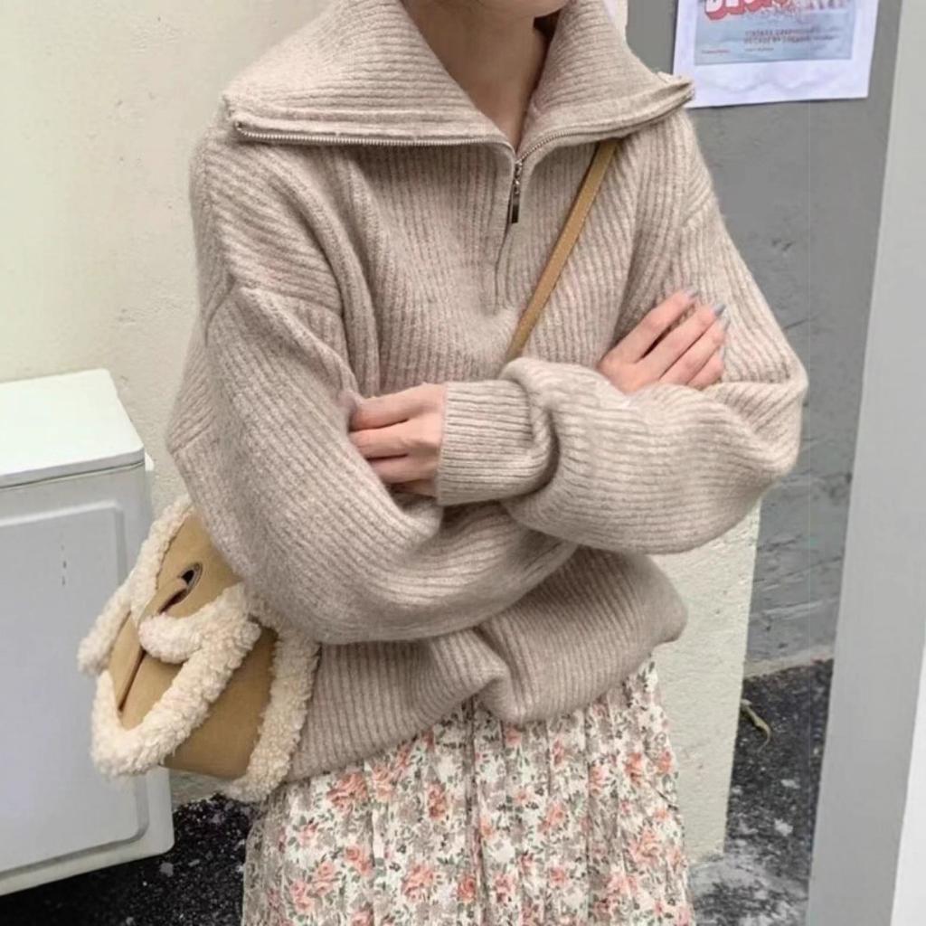 Harajuku Solid Color Polo Neck Zipper Women's Sweater Autumn Winter Casual Loose Knitted Sweaters Tops Women Thicken Pullover