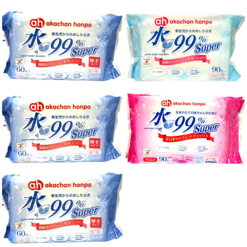 

[Trial Set] Akachan Honpo Super Baby Wipes for Newborns (90 sheets x 1 pack), Thick Baby Wipes for Newborns (60 sheets x 3 packs), and Hand and Mouth