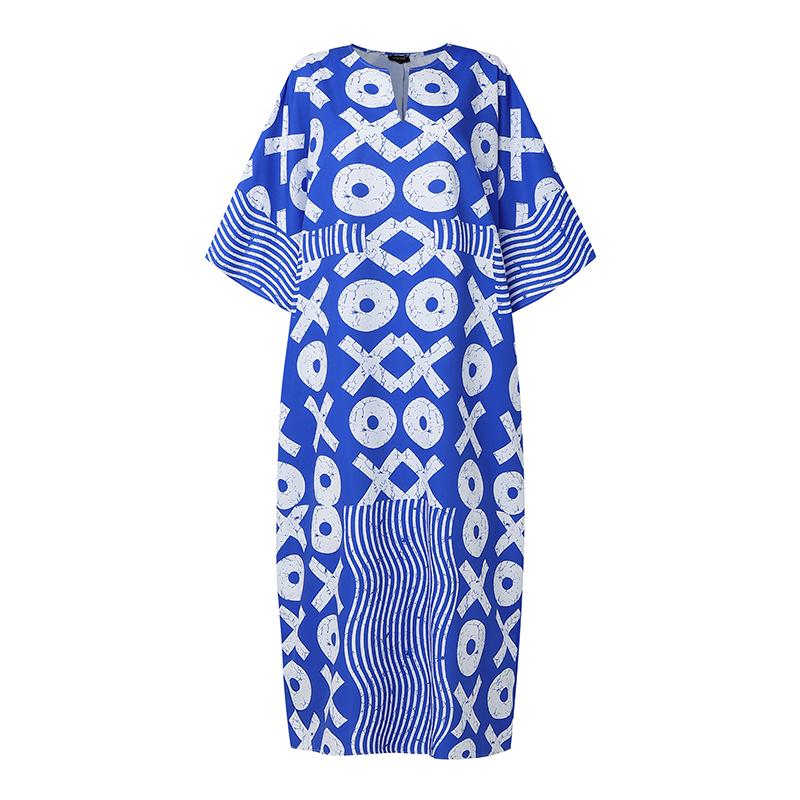 Plus Size Summer Women 3/4 Sleeve Floral Striped Print Casual Loose Long Maxi Robe Dress