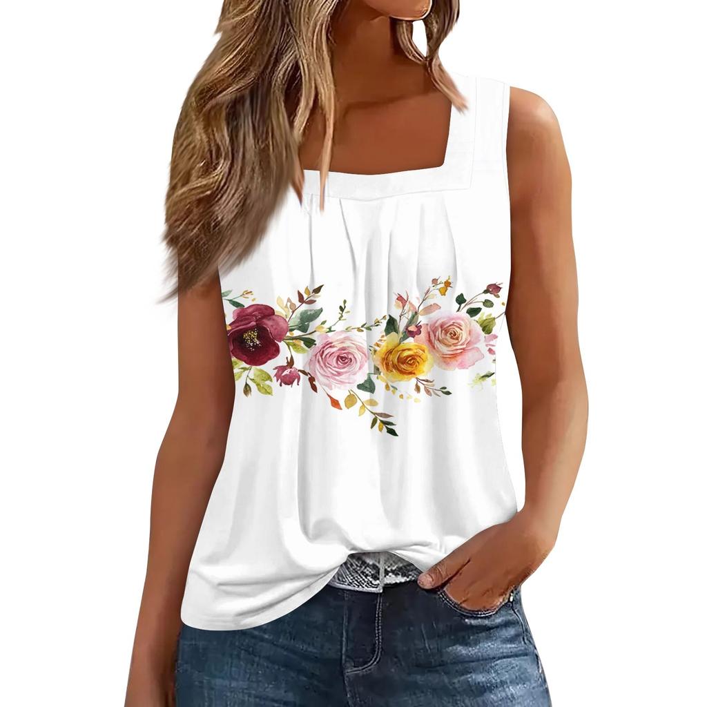 Women's Pleated Square Collar Sleeveless Vest Print T-shirt