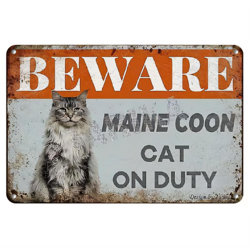 Tin Sign Metal Wall Art Beware Maine Coon Cat On Duty Vintage Rust Retro Plaque for Home Bar Garage Office Decor Funny Cat Wa