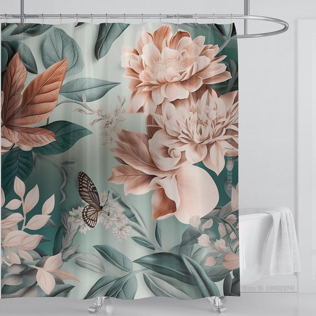 Aquatic Plants Floral Shower Curtain Waterproof Shower Curtain Polyester Fabric 3D Printed Curtain Bathroom Decoration With Hook