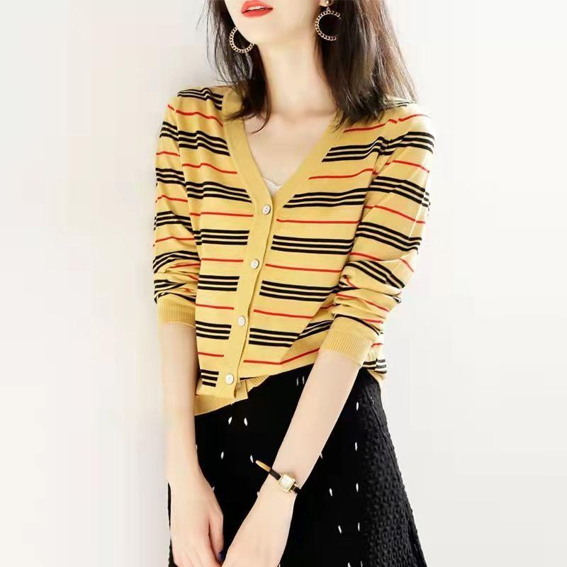 

Весенне-осенний вязаный кардиган с V-образным вырезом в полоску с цветными блоками, утягивающая блузка, куртка One Size жёлтый