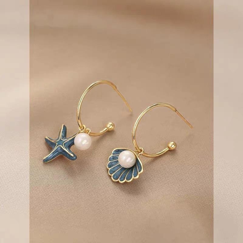 Personalised Blue Enamel Starfish Shell Asymmetric Dangle Earrings for Women Vintage Elegant Imitation Pearl Earrings