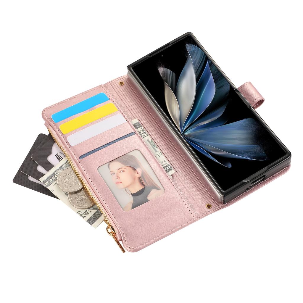 For Samsung Galaxy Z Fold6 5G Case Multi Card Slots Zipper Rhombus Leather Phone Cover with Wrist Strap