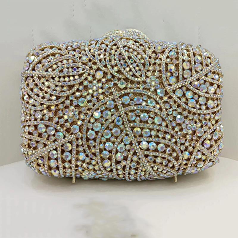 White Clear Crystal Evening Wedding Bag Big Leaves Rhinestone Women Bridal Formal Clutches Lady Party Dinner Handbag Prom Purses